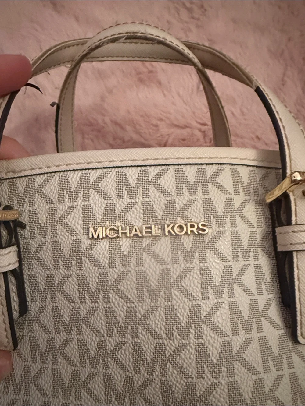 Michael Kors Beige and White MK Logo Satchel